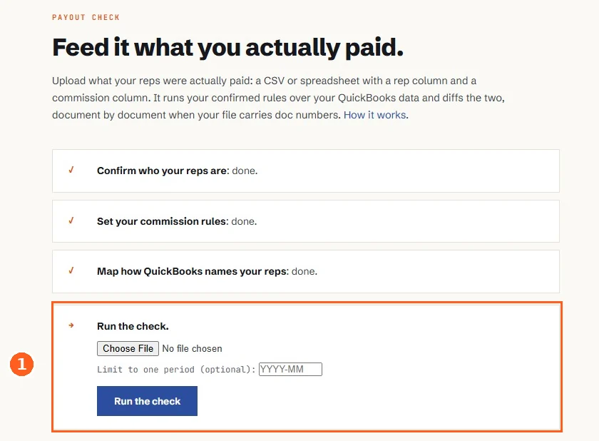 The payout check upload page: feed it a CSV or spreadsheet with a rep column and a commission column, with an optional single-period filter.